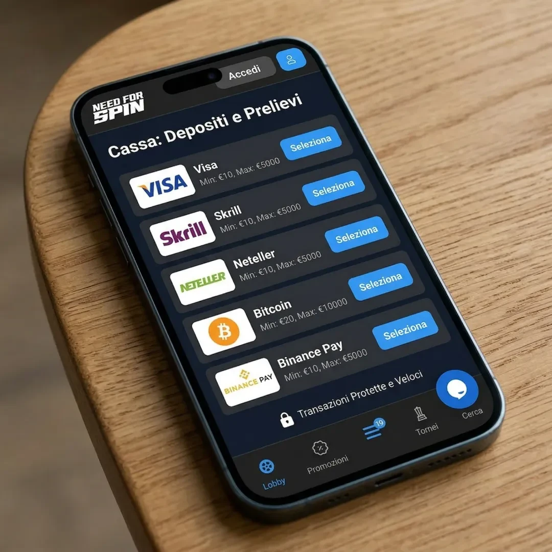 Pagina depositi e prelievi con metodi disponibili: Visa, Skrill, Neteller, Bitcoin e Binance Pay